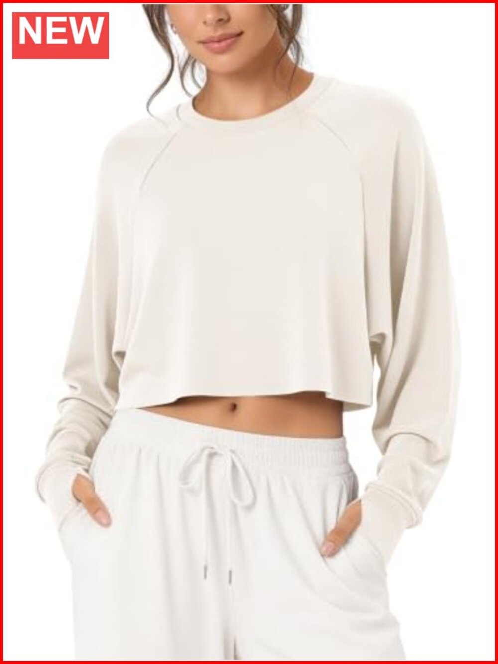 Modal Soft Long Sleeve Cropped Sweatshirt with Thumb Hole Crewneck Pullover